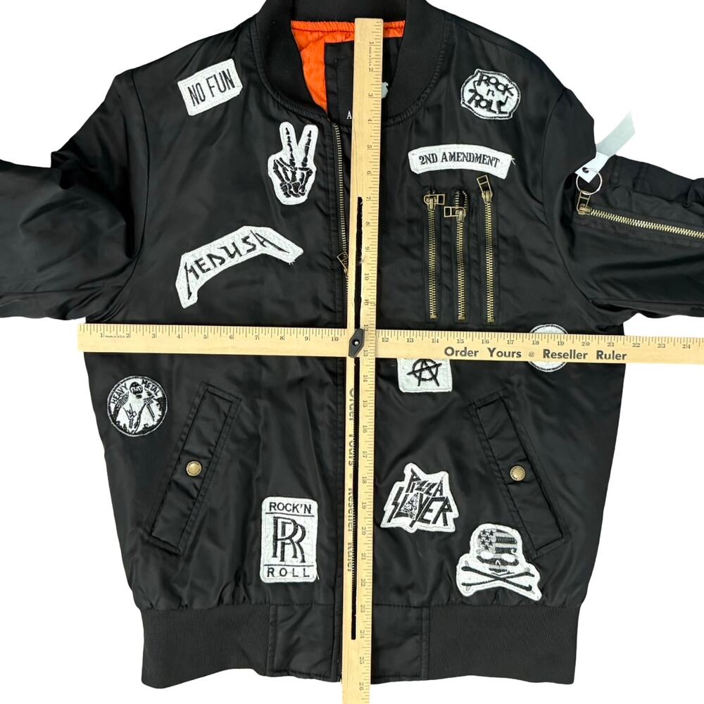 American Stitch Black Patchwork Bomber Jacket Punk Rock N Roll Patches Size M - Picture 5 of 12